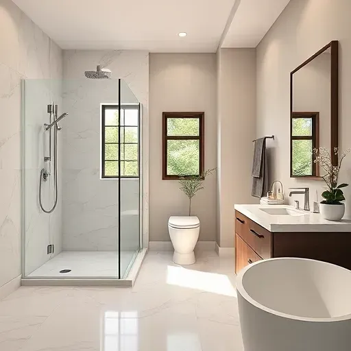 Remodeled Atascocita TX bathroom with modern fixtures, glass shower, marble tiles, freestanding tub, and elegant finishes