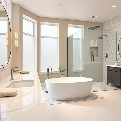 Elegant bathroom remodel in Spring Branch TX featuring marble countertops, freestanding tub, and glass shower.