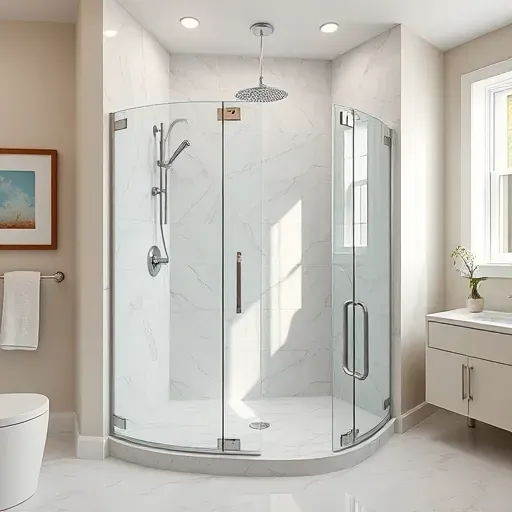 Finished modern walk-in shower in Spring Texas with marble tiles chrome fixtures and frameless glass in a bright elegant bathroom