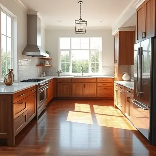 Remodeled Spring TX kitchen with granite counters stainless steel appliances custom wood cabinetry bright natural light polished hardwood floor stylish pendant light adjacent dining area