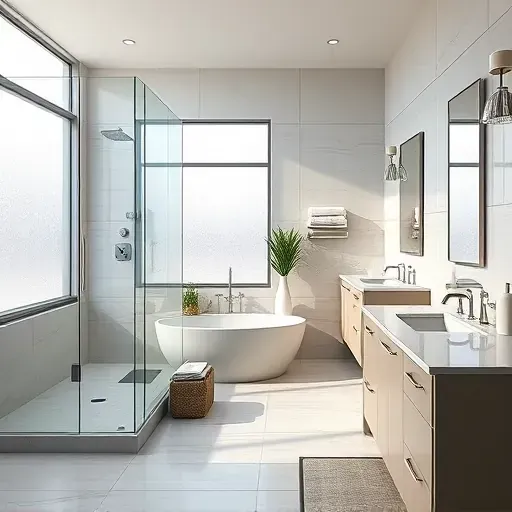 Remodeled modern bathroom with walk-in shower, marble countertops, freestanding tub, sleek cabinetry, and natural lighting