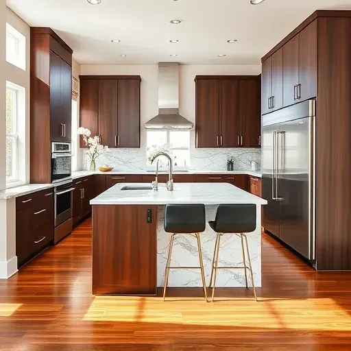 Contemporary kitchen remodel in The Woodlands TX featuring dark wood cabinetry, marble countertops, and stainless steel appliances.