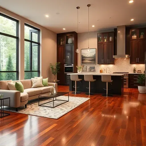 Luxurious home remodel in The Woodlands TX featuring elegant living room and kitchen with polished hardwood floors and natural light.
