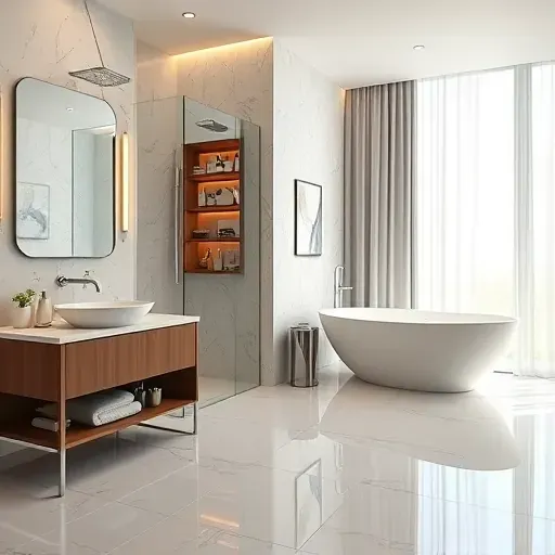 Bright bathroom with marble walk-in shower, freestanding tub, modern vanity, large window, and elegant porcelain tiles