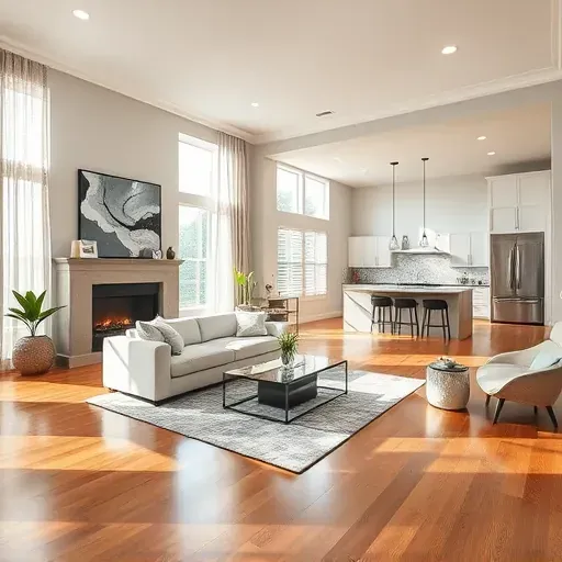 Modern Cypress TX living room with hardwood floors, natural light, stylish sofa, and chic kitchen in background.