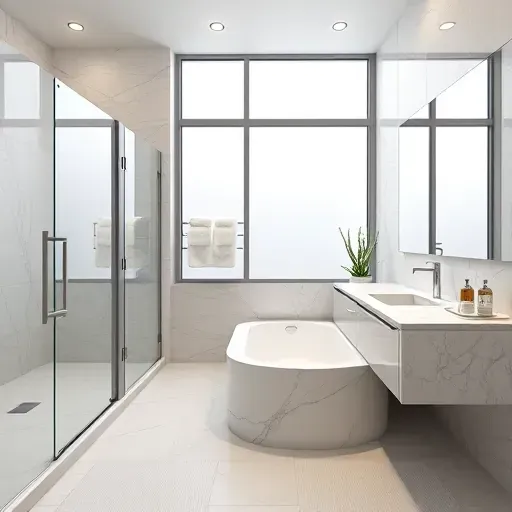 Luxurious remodeled bathroom in Montgomery TX with marble tiles walk-in shower freestanding tub granite countertop and modern fixtures