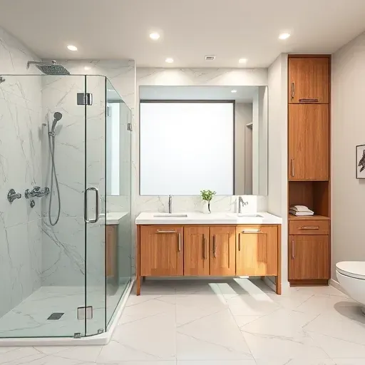 Modern remodeled bathroom in Shadow Creek TX with glass shower, marble tiles, quartz vanity, and sleek fixtures