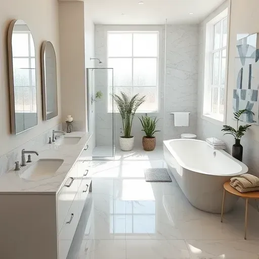 Remodeled modern bathroom in Tomball Parkway TX with marble counters glass shower soaking tub neutral walls and natural light