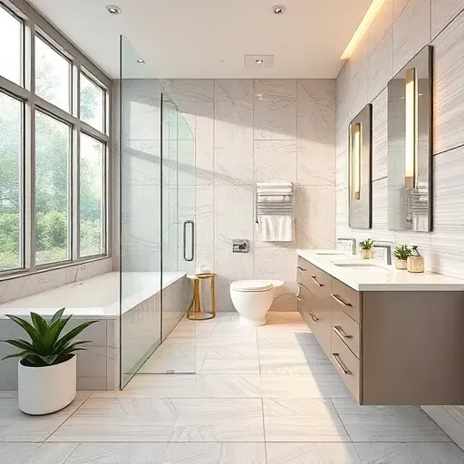 Beautiful renovated bathroom in The Woodlands TX with modern fixtures, marble counters, glass shower, and elegant design