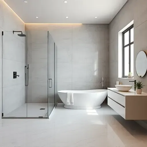 Luxurious completed bathroom remodel in Sugar Land TX with modern fixtures, walk-in shower, soaking tub, marble floors, and sleek design