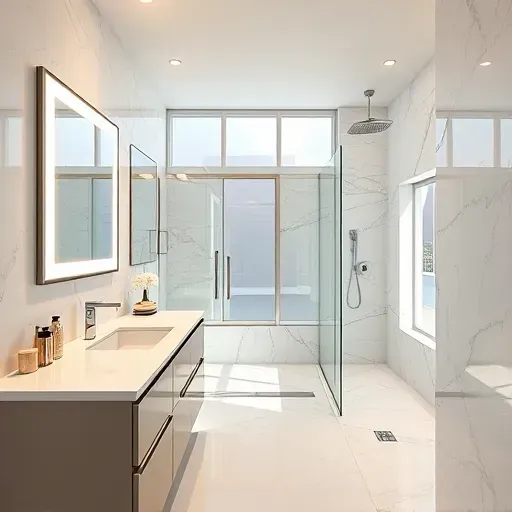 Newly renovated luxury bathroom in Westheimer Corridor TX featuring modern fixtures, spacious walk-in shower, and elegant marble tiles.