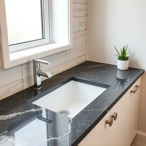 Renovated bathroom countertop in Spring Texas with polished gray granite, modern sink, chrome fixtures, neutral tiles, natural light