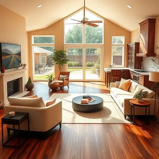 A beautifully designed open-concept living space in Humble TX featuring modern aesthetics, cozy decor, and quality craftsmanship.