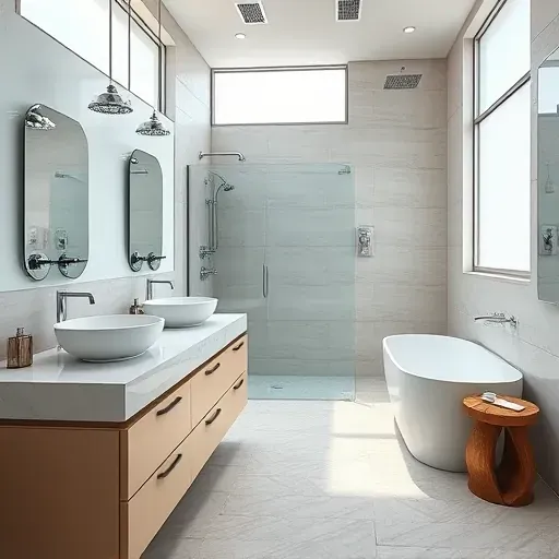 Modern bathroom in Spring, TX with sleek fixtures, glass shower, freestanding tub, and geometric tile design.