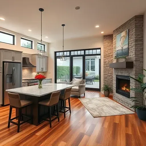 Home remodeling in Klein, TX featuring open-concept living area, elegant kitchen, and modern fireplace with soft lighting.