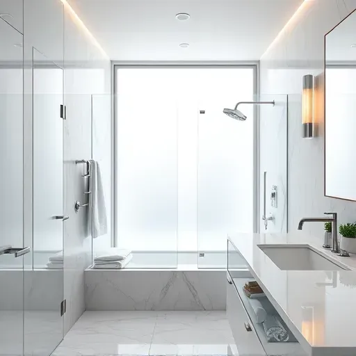 Remodeled North Houston bathroom with modern fixtures, walk-in shower, marble countertops, polished chrome, and natural light