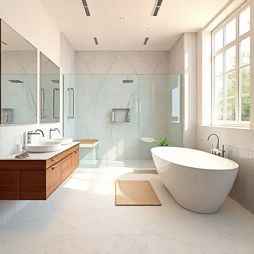 Modern renovated Houston bathroom with sleek fixtures, glass shower, freestanding tub, stylish vanity, neutral tones, and natural light