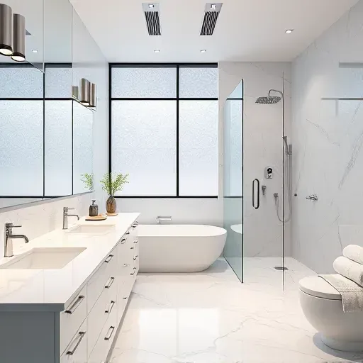 Luxurious renovated Houston bathroom with marble countertops modern fixtures glass shower polished chrome accents and natural light