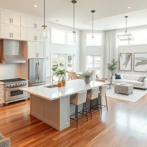 Modern Bellaire kitchen with stainless steel appliances, granite countertops, and light cabinets in a spacious layout.