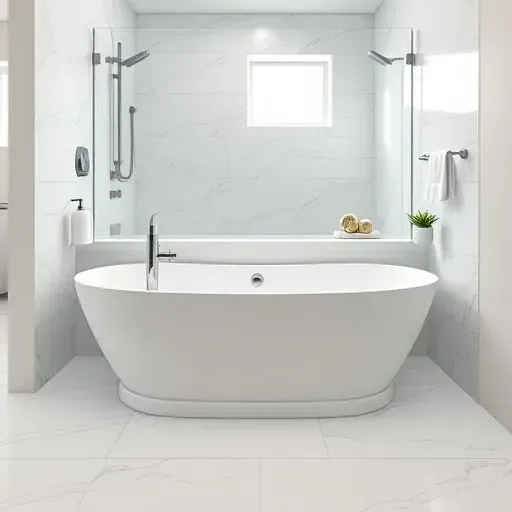 Modern bathroom in Spring TX with a sleek bathtub, marble tiles, glass shower, minimalist accessories, and natural lighting