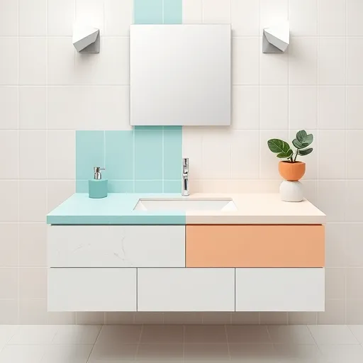 A sleek and minimalist bathroom countertop replacement scene rendered in the distinctive Bauhaus style, featuring bold geometric shapes and clean lines. The modern vanity has a smooth, angular surface in muted pastel tones of soft turquoise, warm peach, and crisp white. The image depicts a stylized split in the countertop, symbolizing renovation: one side shows an artistic depiction of scratches and wear, while the other side displays a polished, vibrant new surface. Quirky geometric details include a uniquely shaped soap dispenser and an abstract, sculptural plant in a geometric pot, adding personality. The background features a simplified bathroom environment with stylized tiled patterns that emphasize symmetry and harmony. Elements such as a floating mirror composed of triangles and circles, along with angular lighting fixtures emitting soft, even illumination, create a calm yet sophisticated atmosphere. The overall composition combines unconventional shape interplay and unexpected color accents, conveying themes of innovation and renewal in home improvement. Repetitive geometric motifs in the background echo the color palette, enhancing depth and adding a sense of clarity and cleanliness ideal for a bathroom renovation blog cover.