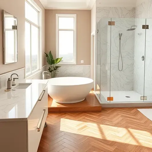 Recently renovated modern bathroom in Memorial Texas with marble countertops soaking tub glass shower hardwood flooring beige walls and sleek accessories