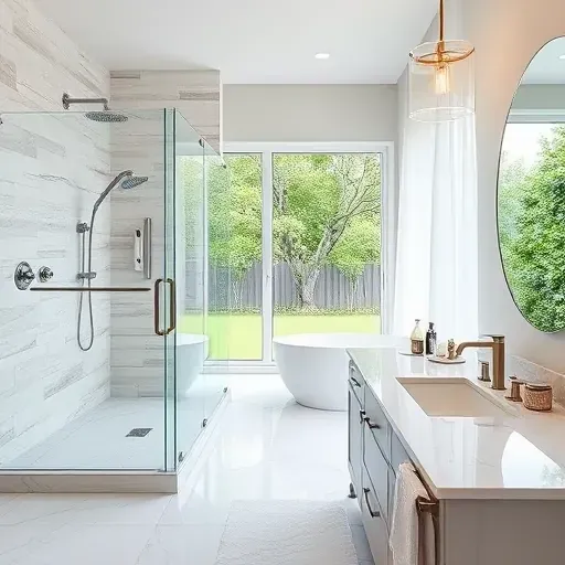 Remodeled bathroom in Clear Lake TX with modern fixtures, walk-in glass shower, freestanding bathtub, marble vanity, large windows