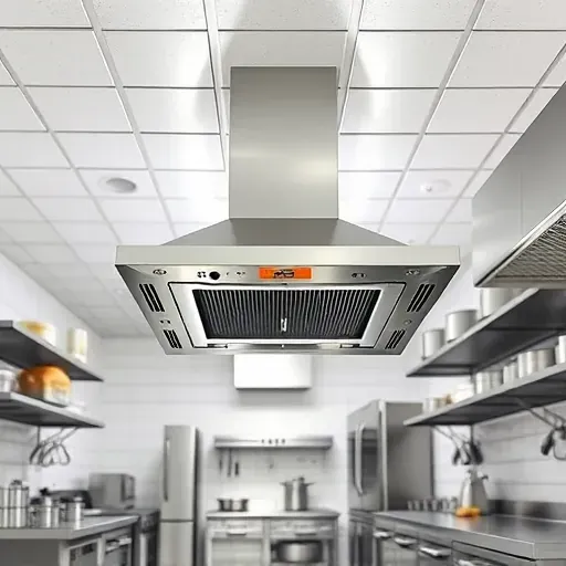 Freshly installed stainless steel exhaust fan in a modern clean commercial kitchen with white tiled ceiling and organized workspace