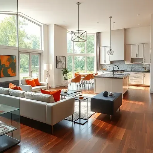 Modern living room in Memorial TX showcases sleek furniture, natural light, custom cabinetry, and high-end kitchen appliances.