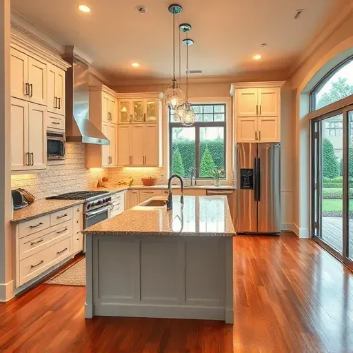 Modern kitchen remodel in Humble, TX with granite countertops, stainless steel appliances, and elegant lighting.
