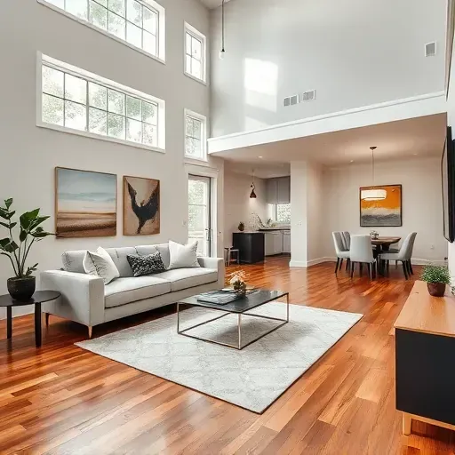 Renovated Houston living room with high ceilings, natural light, hardwood floors, and modern furnishings in an elegant design.