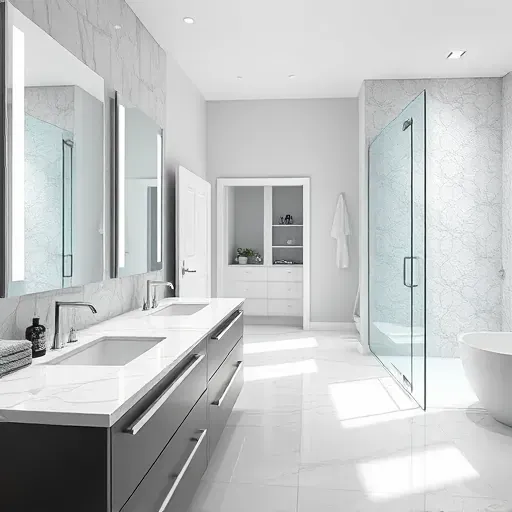 Modern bathroom remodel in Cypress Creek TX with marble, LED lighting, glass shower, and stylish decor in neutral tones.