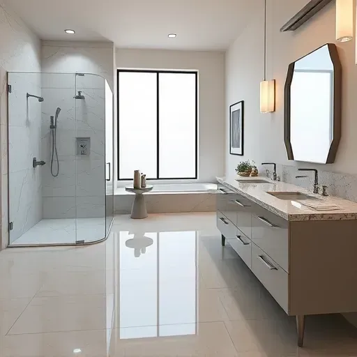 Remodeled Spring TX bathroom with walk-in shower, marble tiles, freestanding tub, granite vanity, large windows, modern decor