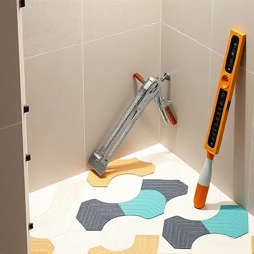 A captivating concept art scene illustrating the intricate process of tile shower installation, blending modern design with craftsmanship. The abstract, slightly surreal bathroom corner features geometric tiles arranged in a dynamic, flowing pattern that suggests movement and precision. Varied tile textures—glossy and matte—are highlighted with subtle reflections, emphasizing detail and craftsmanship. In the background, ghostly outlines of installation tools such as trowels, spacers, and drill bits hover softly, symbolizing the artistry involved. Playful elements, including a cheerful, cartoonish grout float with exaggerated features, add personality and humor to the scene. The environment combines real-world tools with whimsical proportions—a giant caulk gun curling into the frame and an oversized level leaning against the wall—creating a whimsical yet professional atmosphere. The color palette features calming earth tones like warm beiges, soft greys, and subtle browns, accented with vibrant teal and orange to evoke creativity and energy. Soft, focused lighting casts gentle shadows, enhancing the textures of the tiles and tools, conveying a sense of calm efficiency balanced with playful innovation. The “ConceptualArt” style uses abstract, stylized shapes and layered textures to symbolically represent the meticulous yet creative nature of tile shower installation, providing an imaginative and detailed visual narrative.