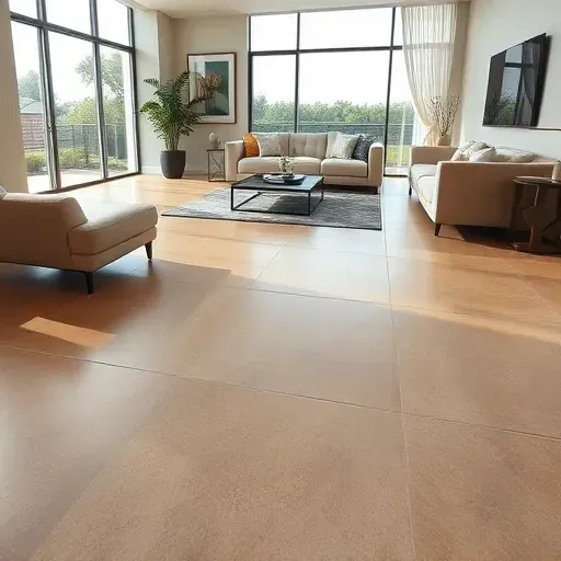 Modern residential living room in Spring Texas featuring seamless warm earthy porcelain tile flooring, minimalist decor, and natural light.