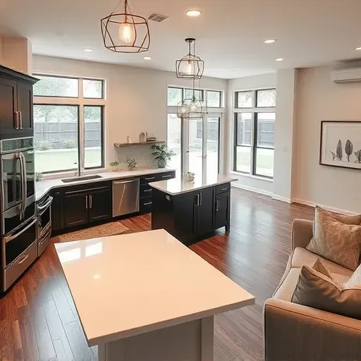 Beautifully remodeled kitchen and living area in Hunters Creek Village TX, showcasing modern design and elegance.