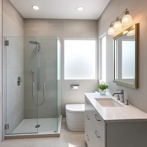 Modern Memorial TX bathroom with sleek fixtures, walk-in shower, neutral tiles, marble vanity, stylish lighting and chrome hardware