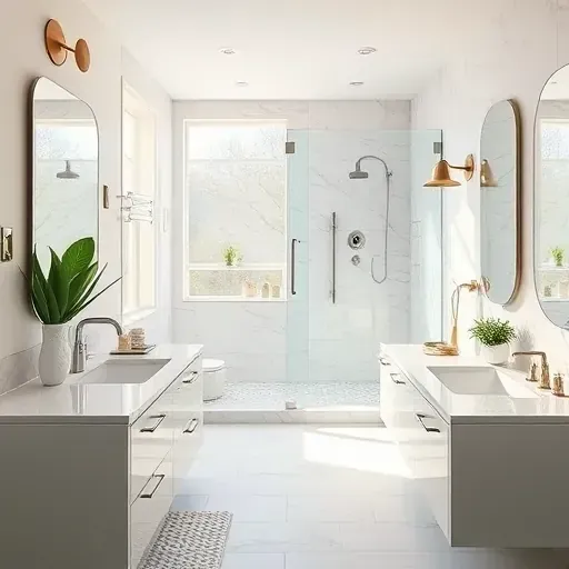 Freshly renovated bathroom in Spring TX featuring modern fixtures, walk-in shower, marble countertops, and natural lighting.