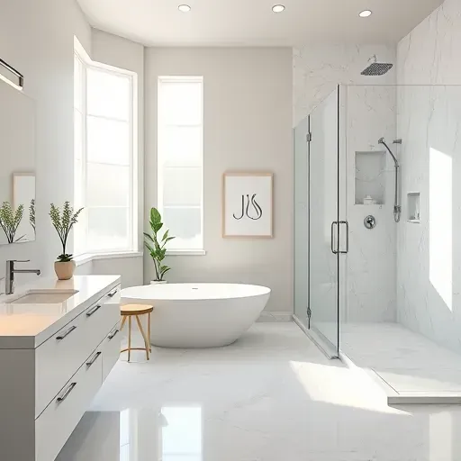 Remodeled Oak Ridge North bathroom with marble countertops, freestanding tub, walk-in shower, natural light, and modern decor