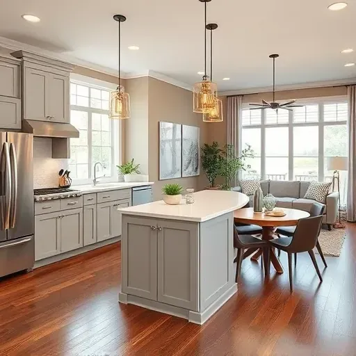 Modern kitchen in Kingwood TX with custom gray cabinetry, quartz countertops, and a cozy dining nook.