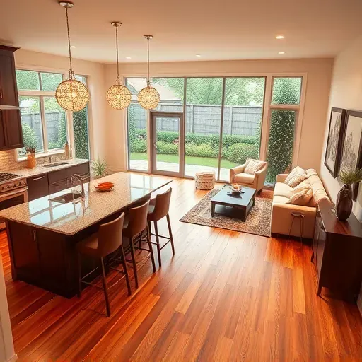 Modern kitchen and living area in Jersey Village TX feature sleek design, warm lighting, and beautiful landscaping.