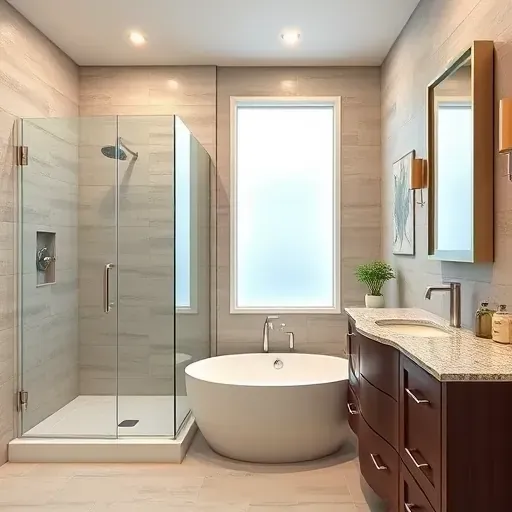 Modern spa-inspired bathroom in Spring TX featuring glass walk-in shower, soaking tub, dark wood vanity, natural light