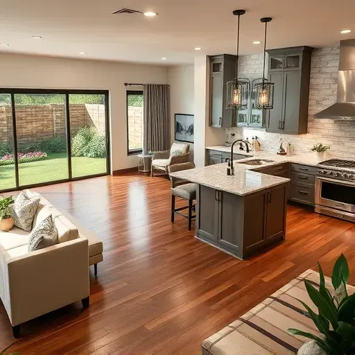 Modern kitchen with stainless steel appliances, custom cabinetry, and bright living area in remodeled Humble TX home.