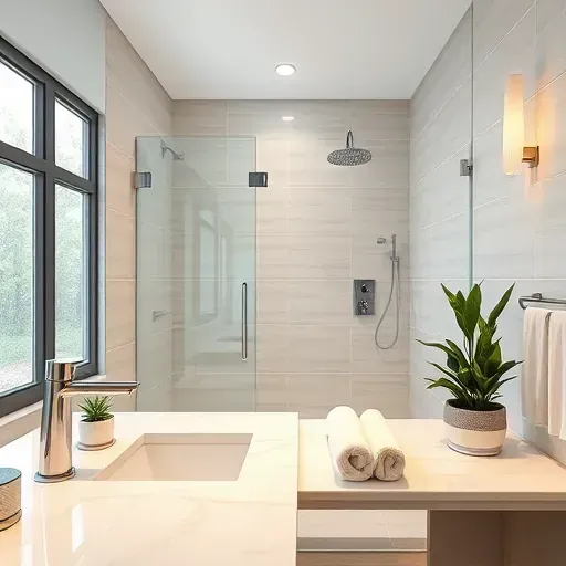 Modern renovated bathroom in Spring Texas with sleek chrome fixtures, LED lighting, ceramic tiles, glass shower, neutral tones, and natural light