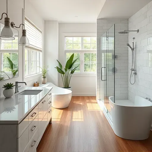 Remodeled bathroom in Spring, TX features modern fixtures, marble countertops, freestanding tub, and natural light.