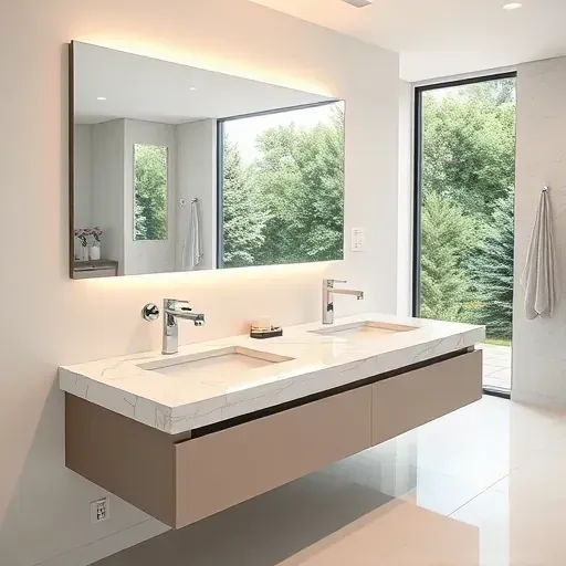 Beautiful modern floating vanity with marble top and large mirror in a luxury Spring Texas bathroom