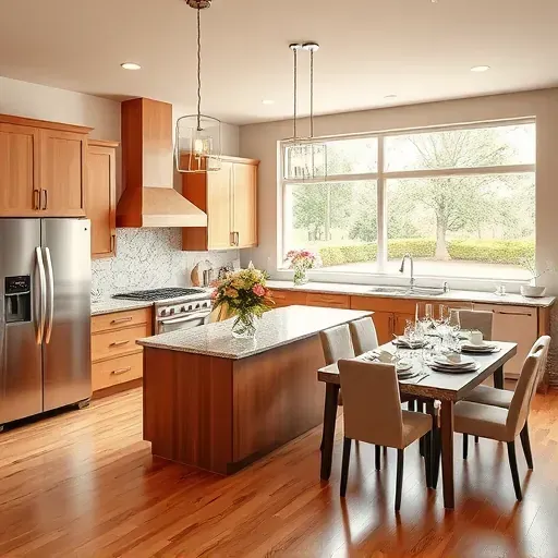 Modern kitchen remodel in Westpark Tollway TX with custom cabinetry, granite countertops, and a cozy dining area.