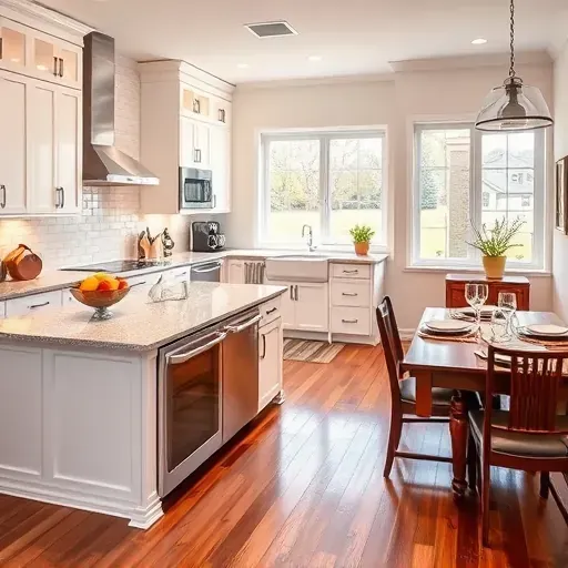 Renovated kitchen in Montgomery TX with white cabinets, granite island, stainless steel appliances, and hardwood floors.