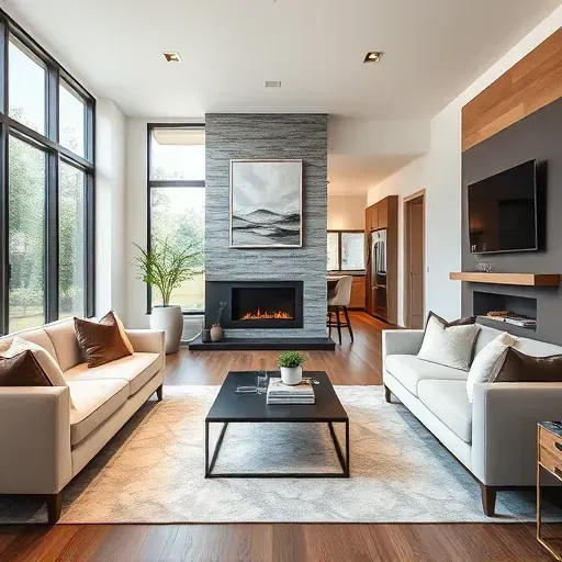 Elegant remodeled living room in West Houston with modern furniture, large windows, and stylish decor inviting home renovations.