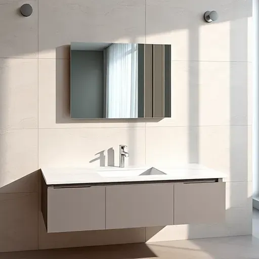 Floating modern vanity in a bright spring TX bathroom with polished quartz countertop, sleek mirror, neutral tiles and subtle lighting